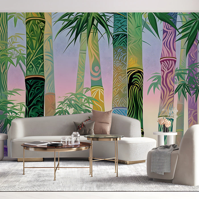 A calm home office space with the bamboo wallpaper as a creative, inspiring focal wall.