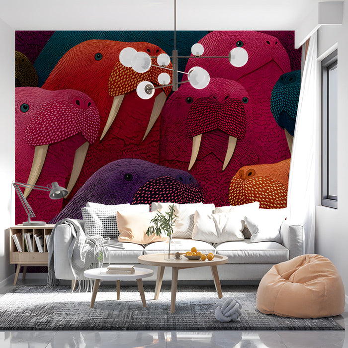 Playful commercial retail space interior featuring a vibrant, high-contrast walrus mural design.