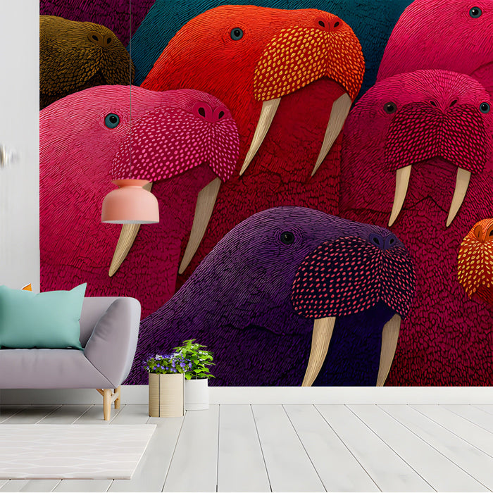Maximalist entryway featuring a bold walrus herd wallpaper as a statement feature wall.