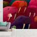 Maximalist entryway featuring a bold walrus herd wallpaper as a statement feature wall.