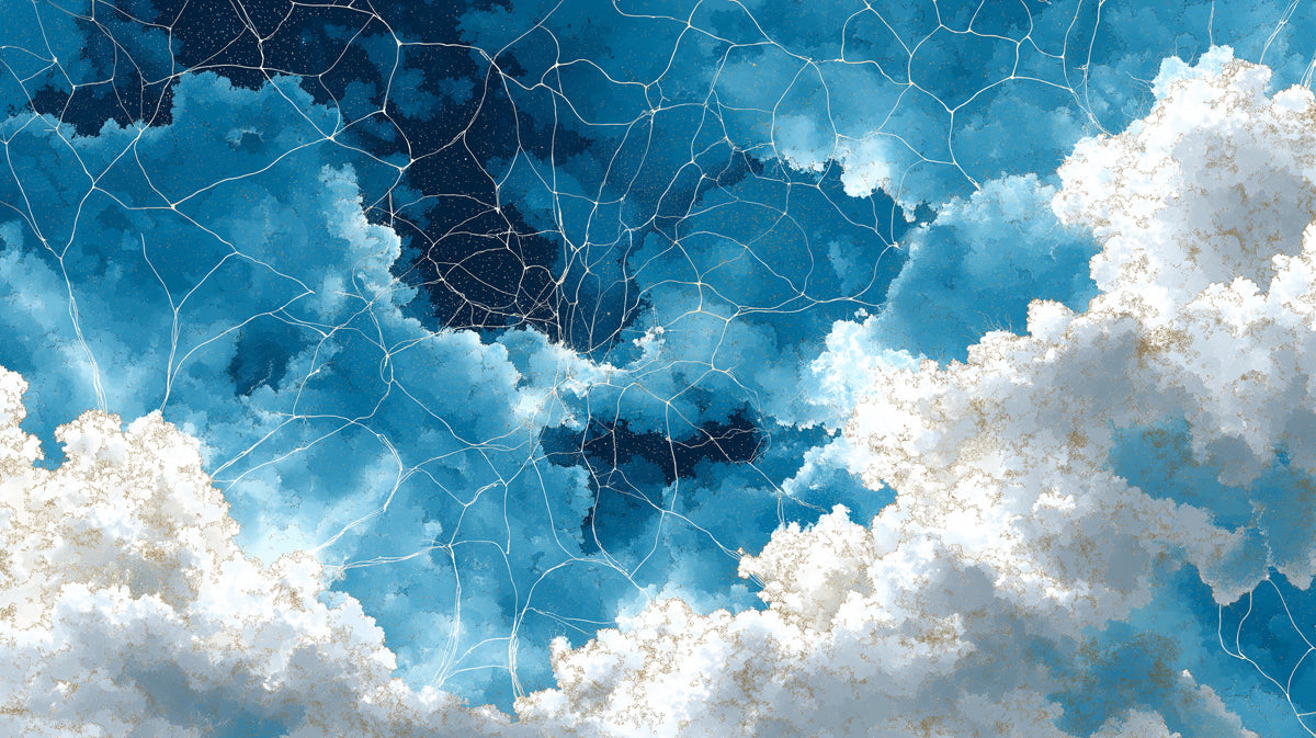 Abstract wallpaper pattern of deep blue storm clouds with fine white webbed lines and golden accents