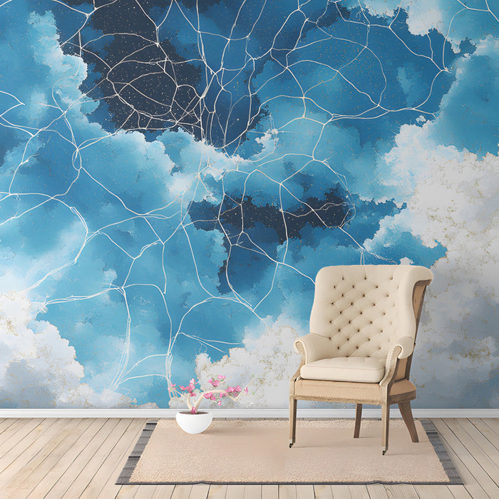 Azure cloud wall covering in a sophisticated entryway with warm wood tones