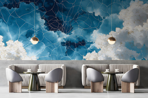 Celestial cloud mural installed in a modern cafe above a velvet bed frame