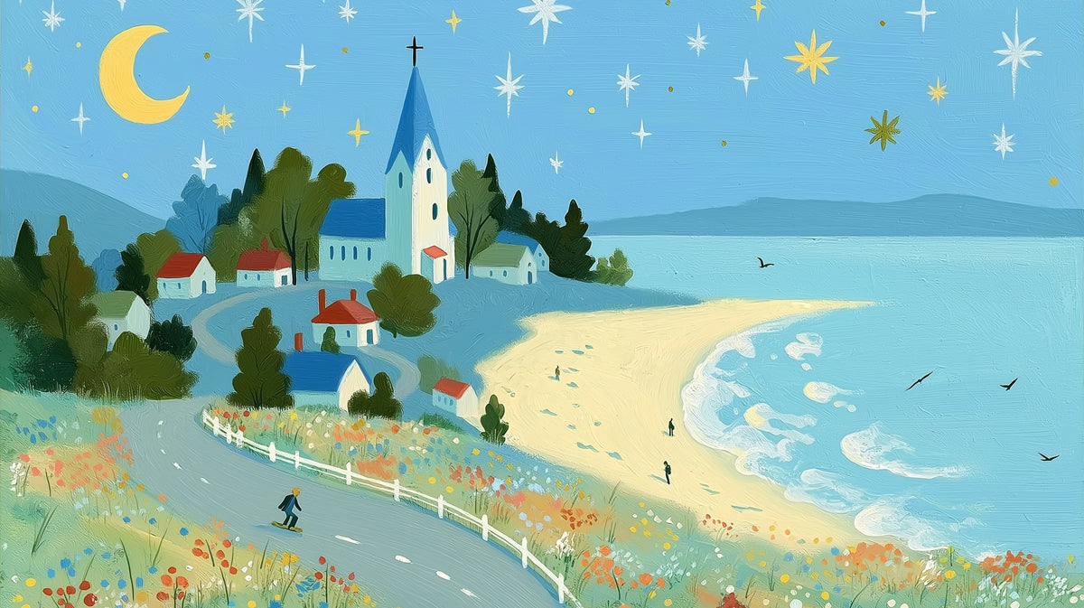 Whimsical oil painting style mural of a coastal village with a church, beach, and starry night sky
