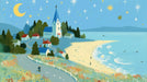 Whimsical oil painting style mural of a coastal village with a church, beach, and starry night sky