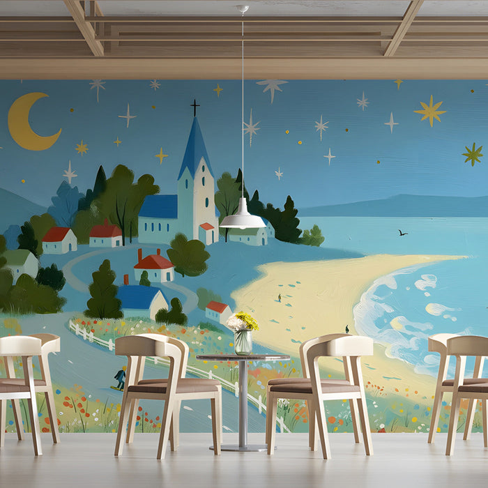 Coastal landscape mural as a feature wall in a relaxing cafe