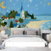 Whimsical coastal village mural installed in a colorful bedroom with light wood furniture