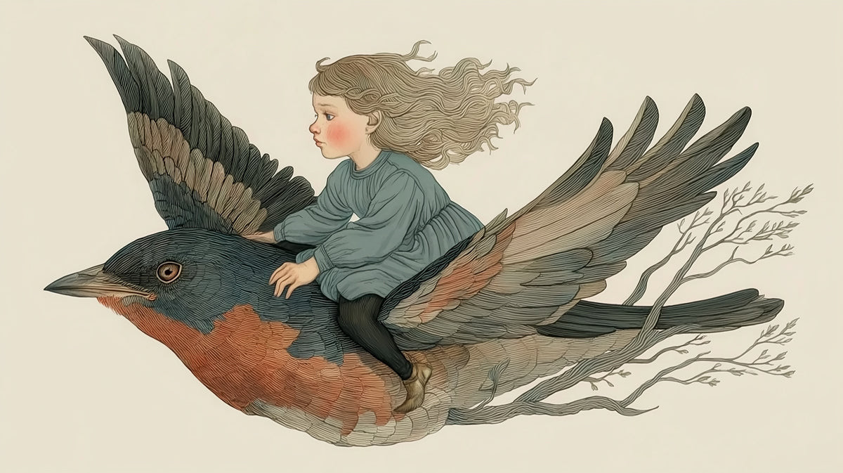 Whimsical illustration of a young girl with flowing hair riding a large bird against a cream background.