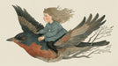 Whimsical illustration of a young girl with flowing hair riding a large bird against a cream background.