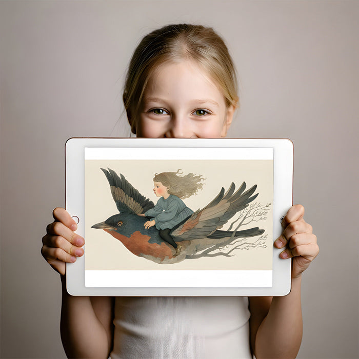 Storybook art wallpaper featured in a cozy child bedroom with wooden furniture.