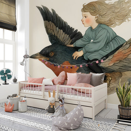 Creative play space decorated with a whimsical bird riding mural on the main wall.