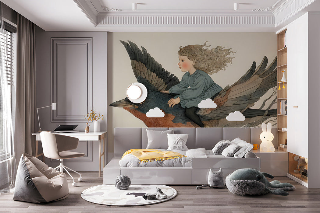 Whimsical bird and girl mural installed as a feature wall in a soft-toned bedroom.