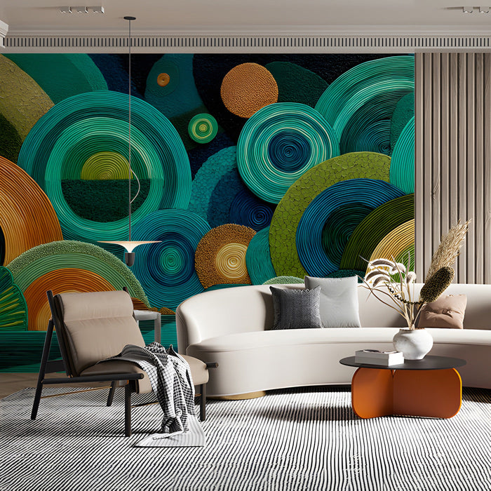 Home office space featuring a tactile abstract mural with blue and green circular patterns on the main wall