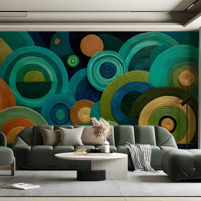 Modern living room wall featuring a vibrant abstract circular landscape mural with teal and ochre tones
