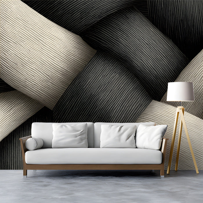 Modern study featuring a woven charcoal and ivory wall mural