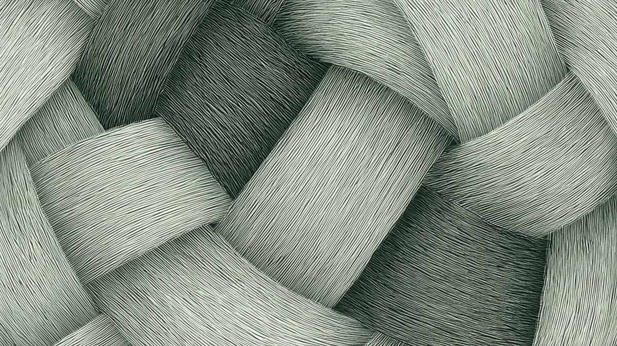 Abstract wallpaper pattern featuring interlocking ribbons of slate gray and charcoal with fine line texture