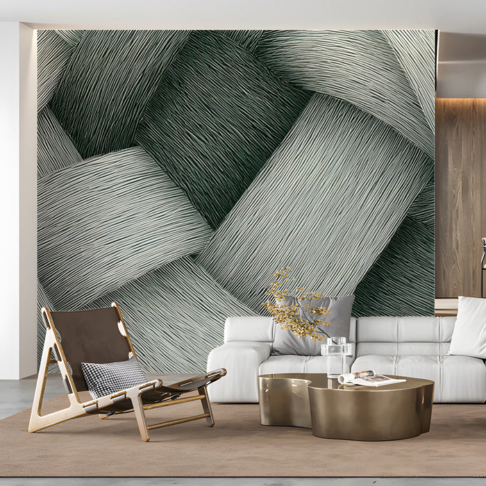 Contemporary living room featuring charcoal and gray abstract woven mural wall