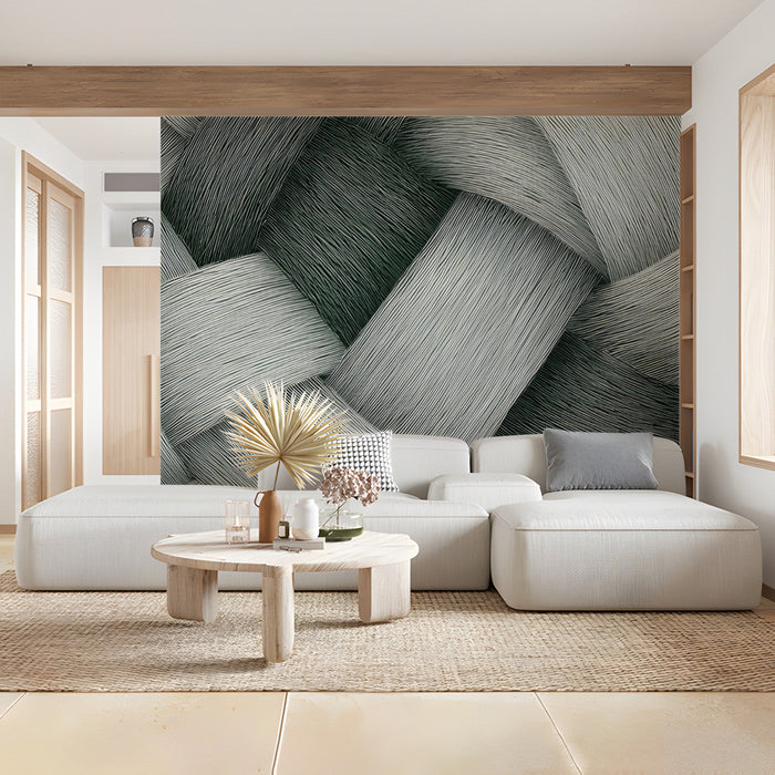 Modern commercial space with woven texture wall mural behind a dark wood desk