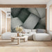 Modern commercial space with woven texture wall mural behind a dark wood desk