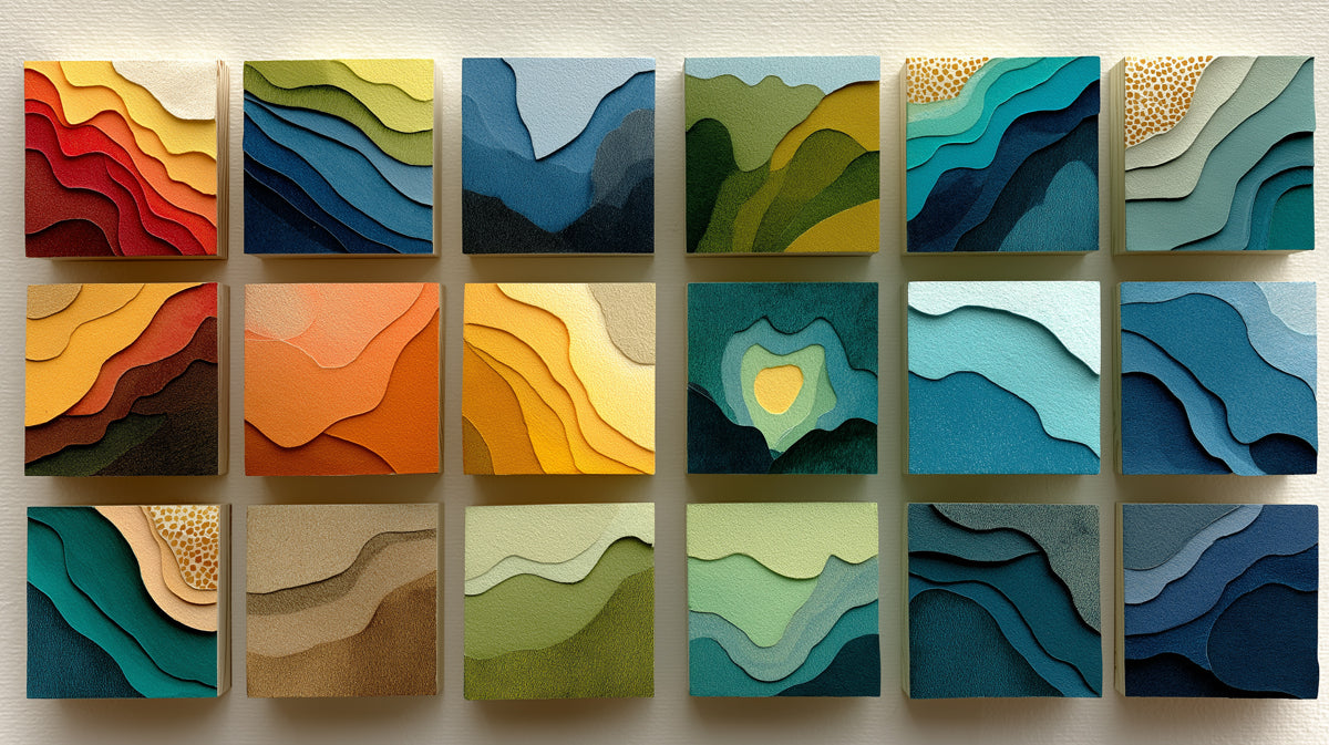 A grid of paper-cut style landscape squares in blue, green, orange, and yellow tones with a grainy texture.