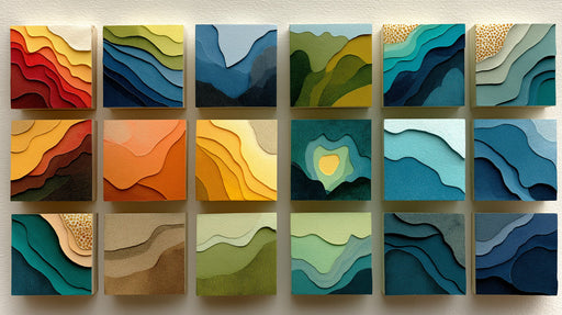 A grid of paper-cut style landscape squares in blue, green, orange, and yellow tones with a grainy texture.