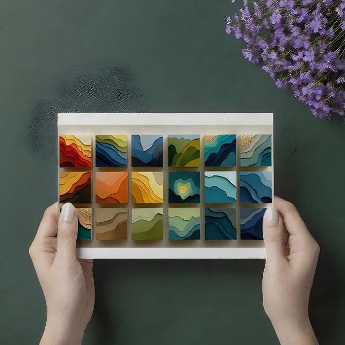 A home office with the colorful topographic paper mural installed to inspire creativity.