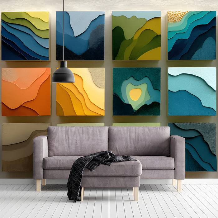 A serene living room corner decorated with the abstract landscape mural wallpaper.
