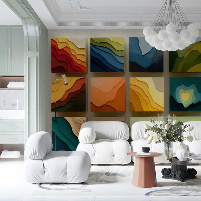 A commercial space featuring the layered landscape mural on a main wall behind a minimalist sofa.