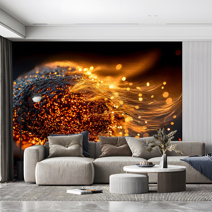 Sophisticated bar lounge area with a glowing ember patterned wallpaper for dramatic ambiance