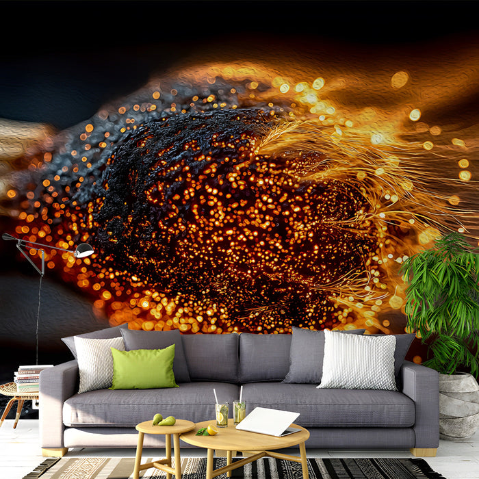 Moody living room featuring a dramatic fire-themed wall mural behind a dark wood desk
