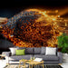 Moody living room featuring a dramatic fire-themed wall mural behind a dark wood desk