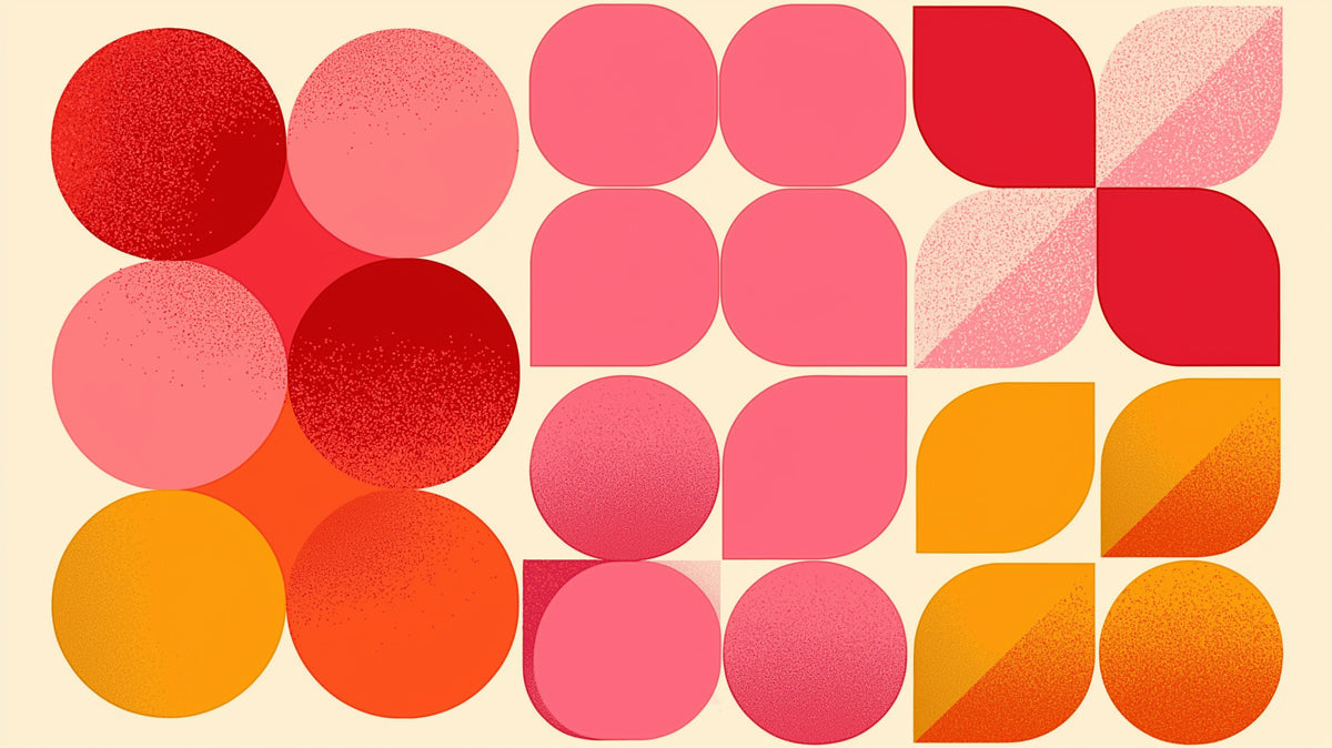 Abstract geometric mural with circles and leaf shapes in warm crimson, orange, and pink on a cream background.