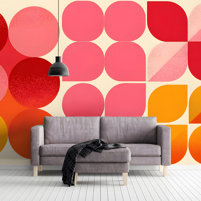 Large-scale mural design displayed in a vibrant, eclectic living room setting.