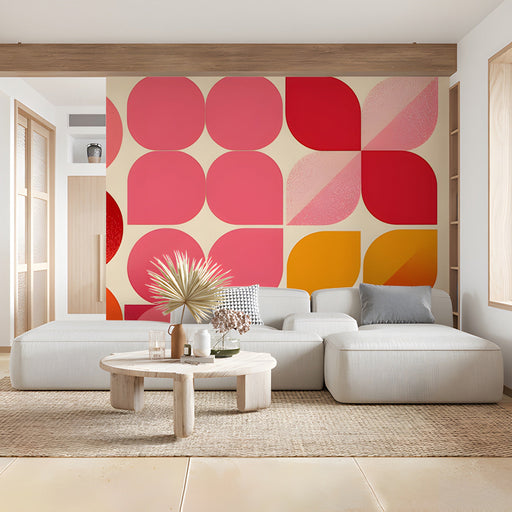 Geometric wall mural installed behind a modern mid-century dining room table.