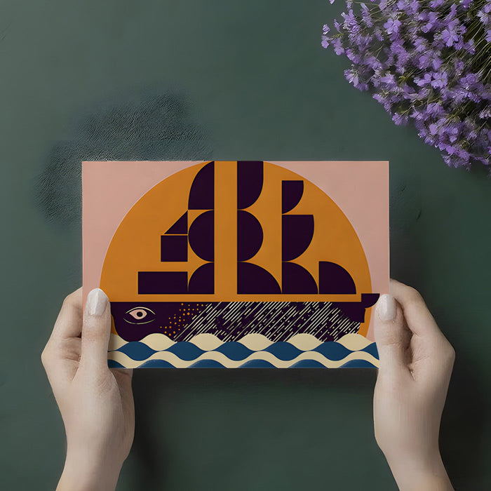 Bold graphic ship wallpaper featured in a stylish modern dining room with wooden accents.