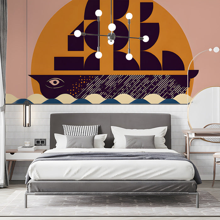 Geometric ship mural installed on the main wall of a modern bedroom with minimalist furniture.