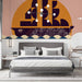 Geometric ship mural installed on the main wall of a modern bedroom with minimalist furniture.