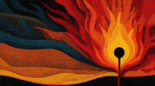 Abstract wallpaper featuring a matchstick head igniting with stippled flames in yellow, orange, and red against a dark background.