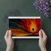 Modern home office with a dramatic flame pattern mural, creating a high-energy workspace.