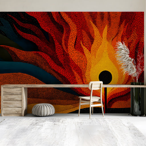 Media room featuring a dark and moody mural with artistic orange and blue flame motifs.