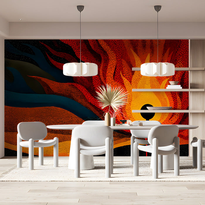 Living room with a vibrant fire-themed accent wall behind a minimalist black sofa.