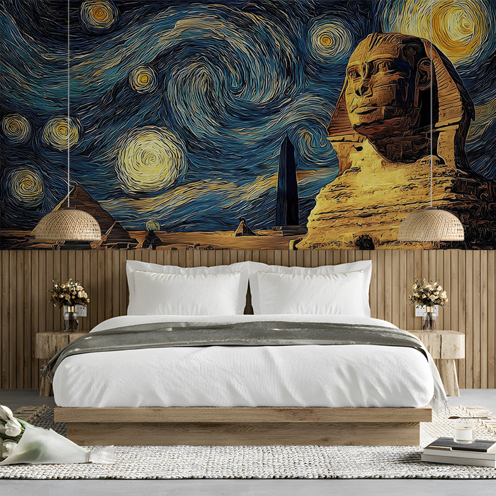 Stylized pyramid mural as a bold feature wall in a bedroom
