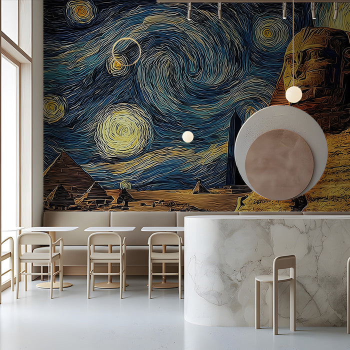 Egyptian desert mural installed on the wall of a cafe workspace