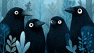 A stylized mural featuring four large ravens with white circular eyes surrounded by deep blue and charcoal forest foliage.