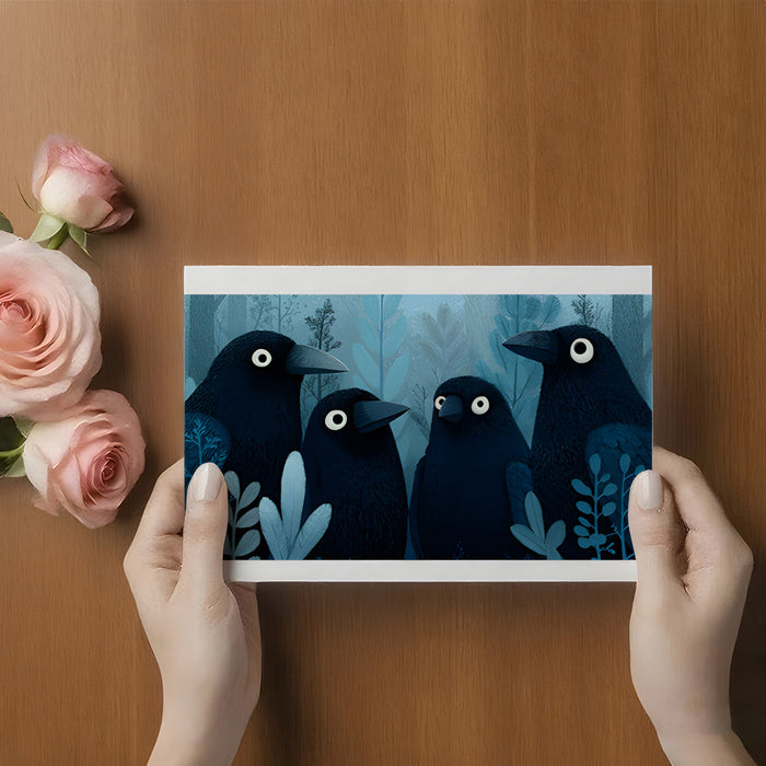 Whimsical bird-themed mural on a bedroom wall paired with soft gray bedding and warm lighting.
