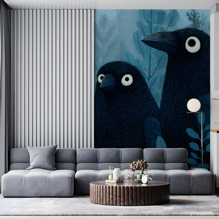 An entry hallway decorated with the midnight raven forest pattern to create a bold, creative first impression.