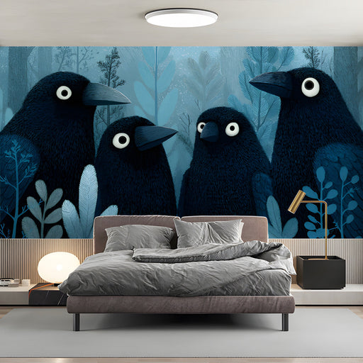 The raven wallpaper installed as an accent wall in a modern bedroom with minimalist furniture.