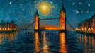 Impressionistic oil painting mural of London Bridge at night with amber lights reflecting on dark blue water