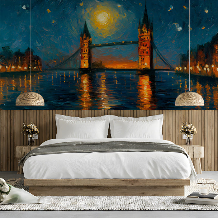 London bridge city mural installed in a modern bedroom above a navy velvet headboard