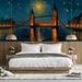 London bridge city mural installed in a modern bedroom above a navy velvet headboard